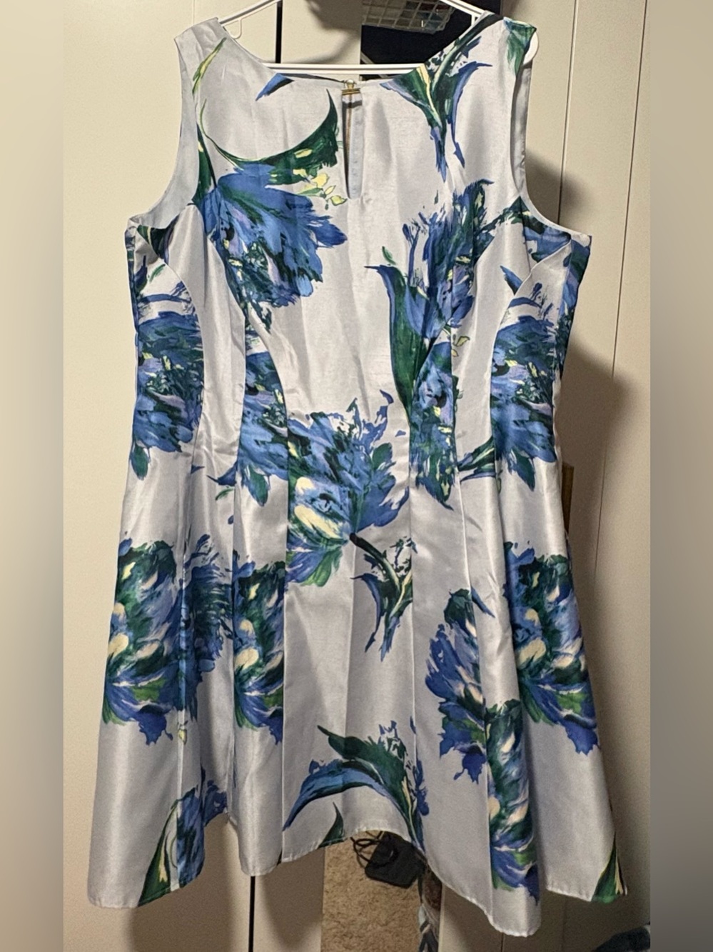 Dress Barn White Midi Dress with Blue & Green Floral Print and Keyhole